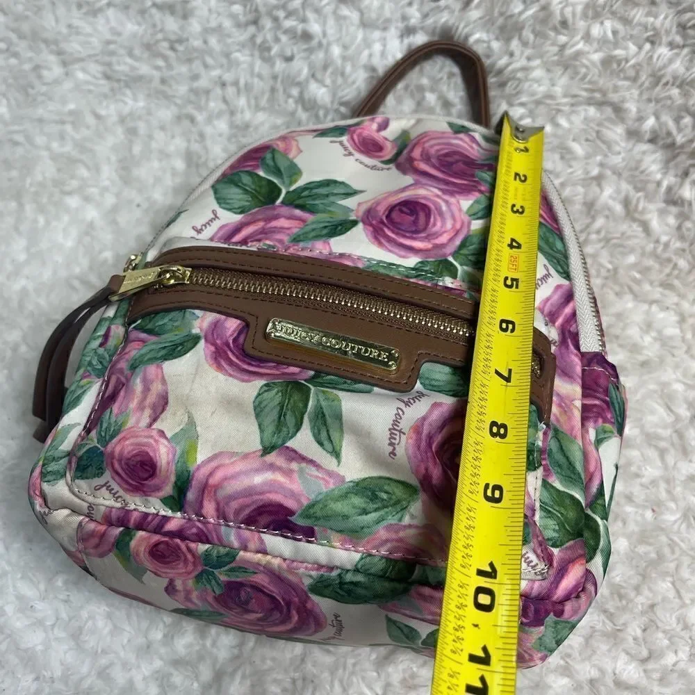 Juicy Couture Nylon mauve roses and green leaf prints mini backpack brown trims.
